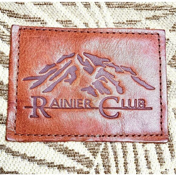 XL RAINIER CLUB BEIGE TAPESTRY BROWN GENUINE LEATHER HANDBAG TOTE SHOULDER BAG - Picture 2 of 11